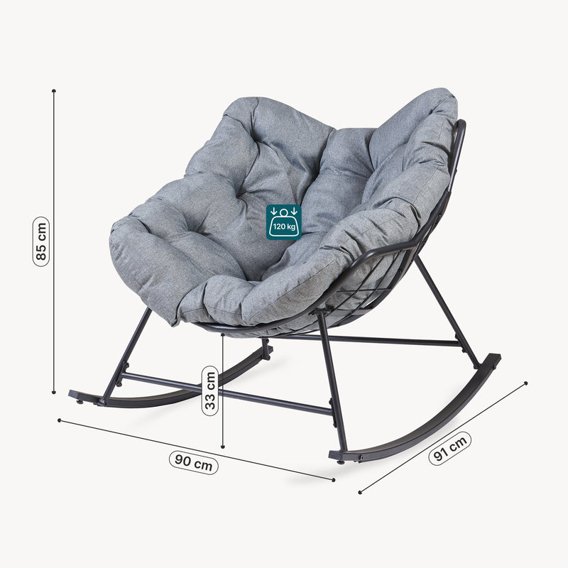 Schizzo in scala Sedia a Dondolo Villeneuve da Giardino con Cuscino Imbottito 85 x 90 x 91 cm - Nero / Grigio [en.casa]