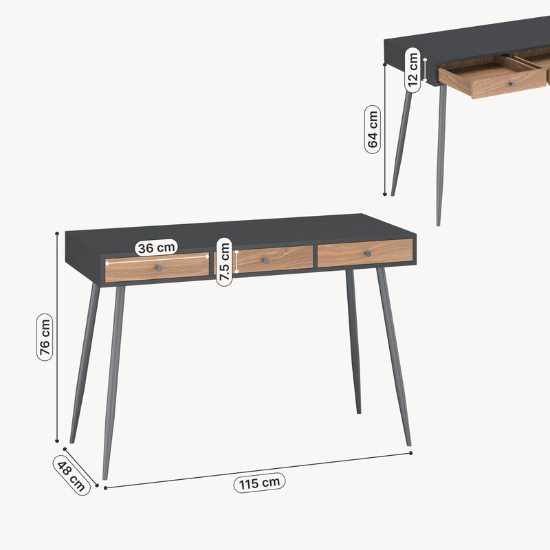 Croquis coté Bureau avec 3 tiroirs Tumba 76 x 115 x 48 cm noir effet noyer [en.casa]
