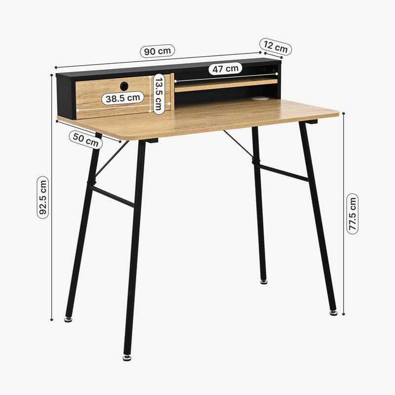 Maßskizze Schreibtisch Var 93x90x50 cm Schwarz/Eicheoptik [en.casa]