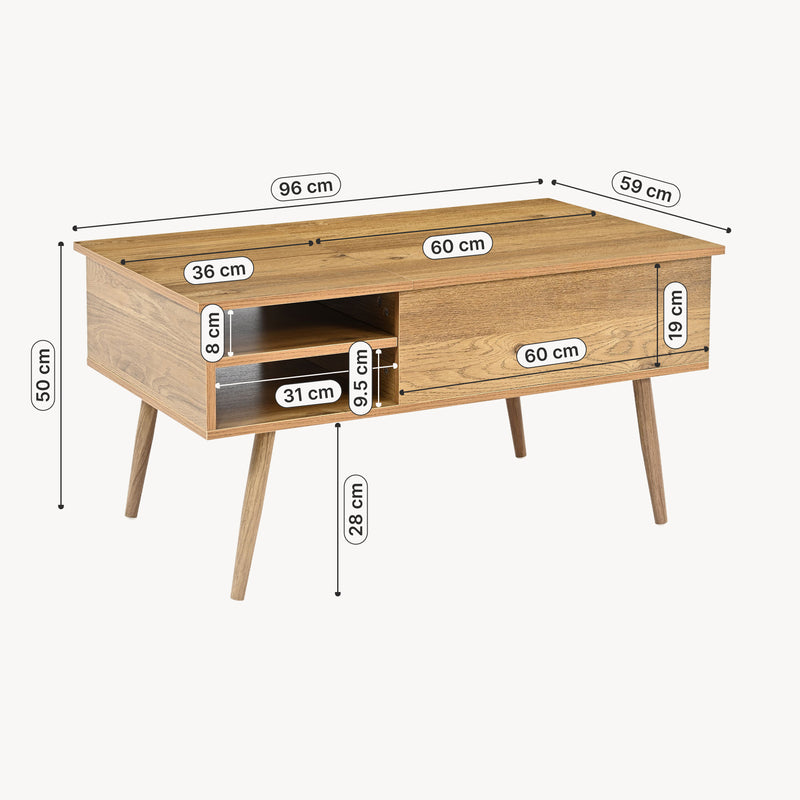 Croquis coté Table basse Vasdabod avec plateau relevable 96x59x50 cm aspect chêne [en.casa]