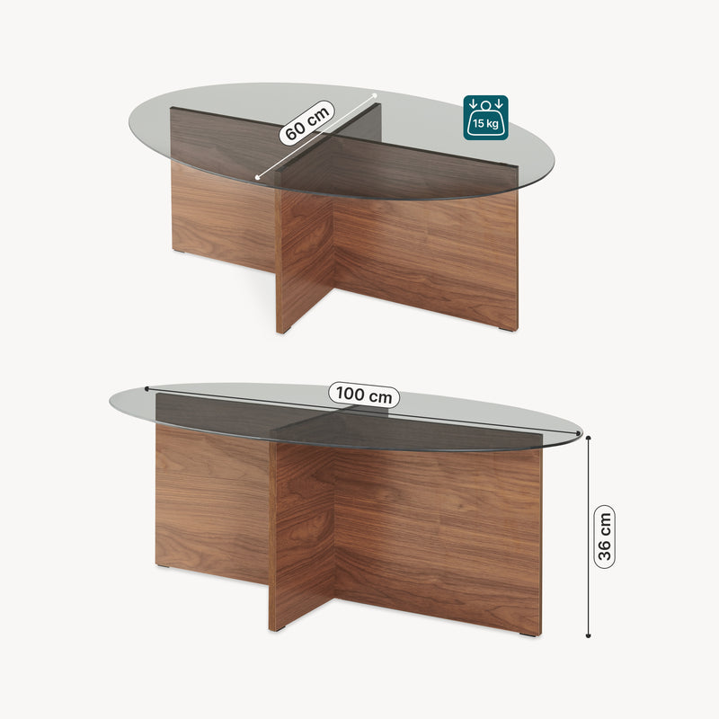 Croquis coté Table basse Viroya avec plateau en verre 100 x 60 x 36 cm effet noyer / gris [en.casa]