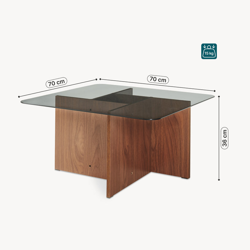 Schizzo in scala Tavolino da Caffè Benexjö con Piano Quadrato in Vetro 70 x 70 x 36 cm - Effetto Noce/Grigio [en.casa]