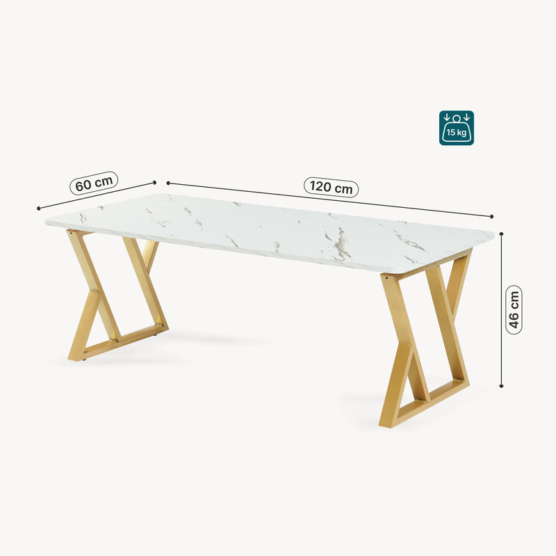 Croquis coté Table basse Nolu 120 x 60 x 46 cm doré / effet marbre, blanc [en.casa]