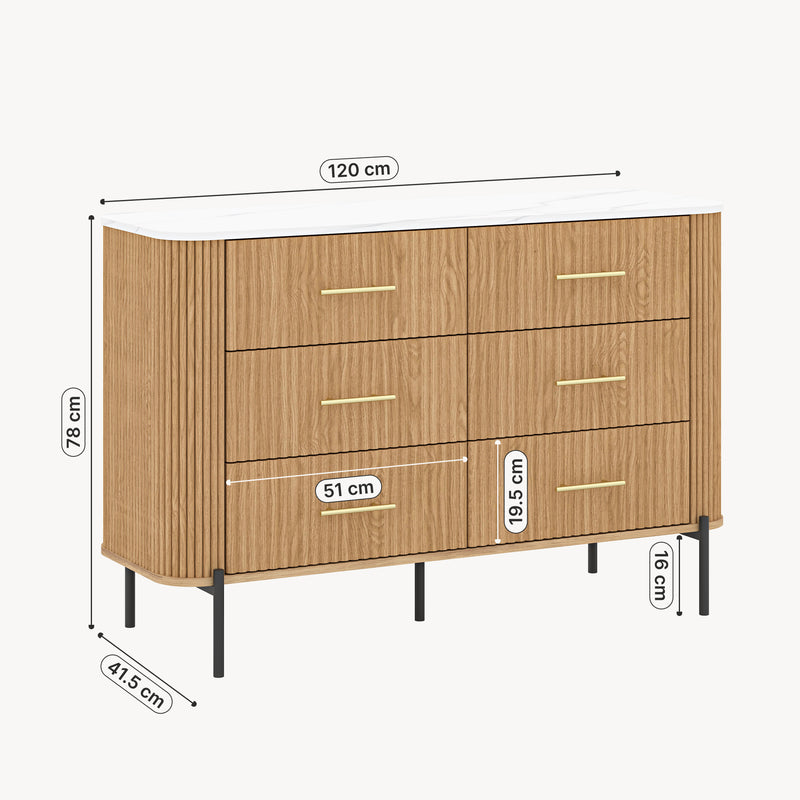Croquis coté Commode Kokunse avec 6 tiroirs 120x42x78 cm aspect chêne [en.casa]