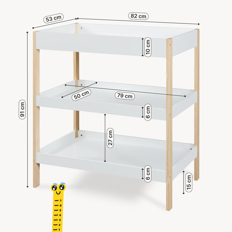 Croquis coté Table à langer Oupilu avec 2 étagères 91x82x53 cm Blanc [en.casa]