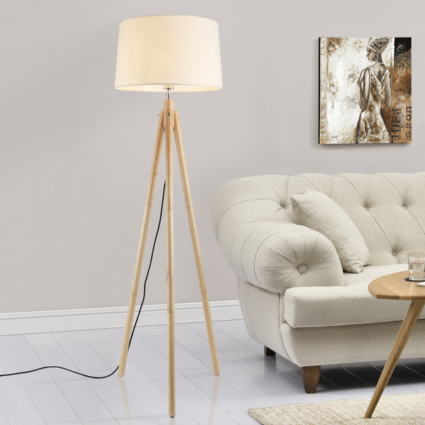 Lampada da Terra in Stile Treppiede Alta 153 cm Piantana Tripode con Paralume Conico in Tessuto Bianco e Gambe in Legno, Metallo - lux.pro