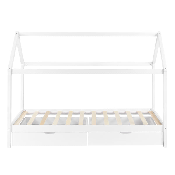 Lit Enfant Forme Maison Avec 2 Tiroirs Lund 90 x 200 cm Blanc [en.casa]