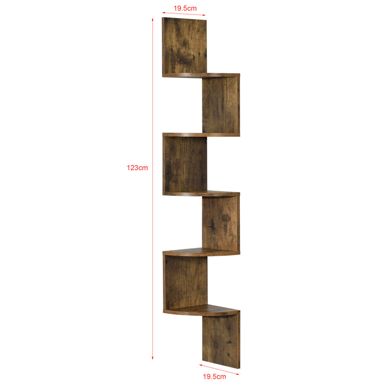 Croquis coté Étagère d'Angle en Forme Zigzag Meuble de Rangement Murale Capacité de Charge Jusqu'à 15 kg 123 x 19,5 x 19,5 cm MDF Mat Laqué Noix [en.casa]