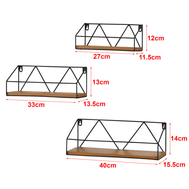 Schizzo in scala Set di 3 Mensole da Muro / Parete in Misure Diverse, 3 Consolle Pensili con Telaio Nero in Ferro, Mensole Portaoggetti / Libreria - Piano in Effetto Legno Scuro
