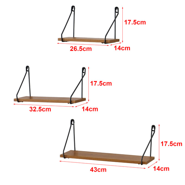 Set di 3 Mensole da Parete in Misure Diverse, 3 Consolle Pensili da Muro con Staffe Nere in Ferro Mensole Portaoggetti / Libreria - Piano in Effetto Legno Scuro
