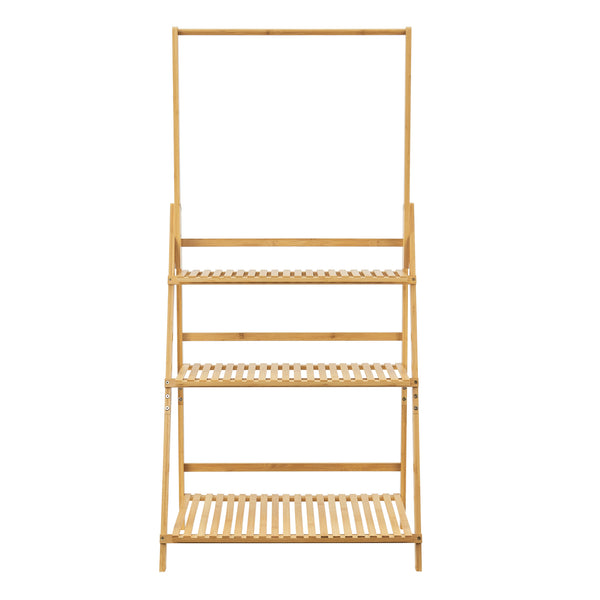 Scaffale Portapiante 'Brändö' in bambù a Forma di Scala a 3 Ripiani e Barra per Vasi Sospesi [en.casa]