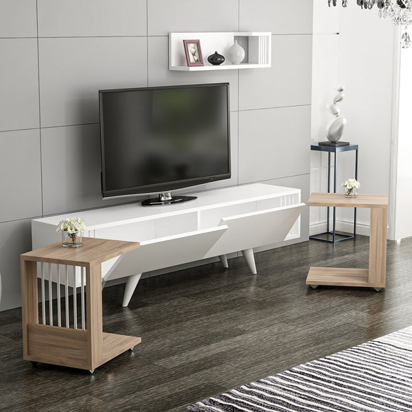 Meuble TV Glostrup avec 2 tables d'appoint et une étagère murale effet chêne / blanc [en.casa]