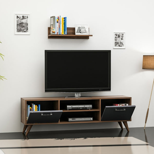 Meuble TV Haderslev à 2 portes avec étagère murale effet noyer / anthracite [en.casa]