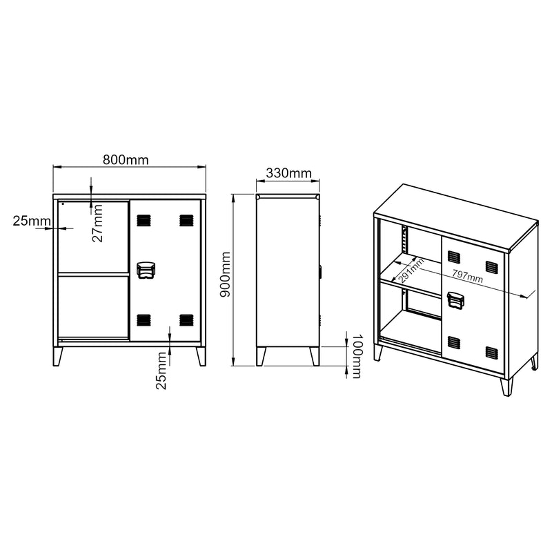Croquis coté Casier de bureau métallique Oripää à 2 portes 90 x 80 x 33 cm gris-bleu [en.casa]