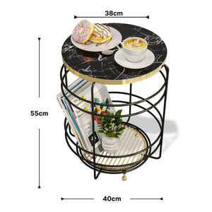 Table d'appoint Padasjoki avec panier de rangement 55 x 40 cm effet marbre noir or [en.casa]