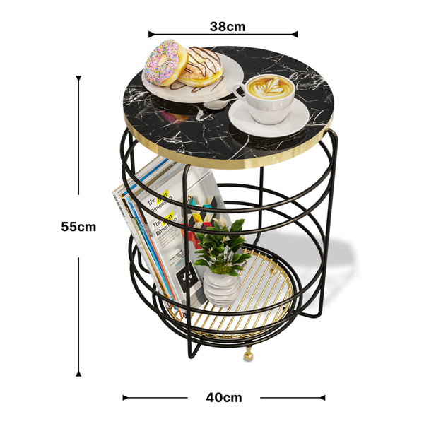 Table d'appoint Padasjoki avec panier de rangement 55 x 40 cm effet marbre noir or [en.casa]