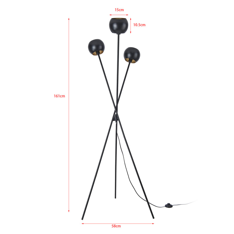 Croquis coté Lampadaire Nykvarn avec 3 douille E14 métal 161 x 58 cm noir or lux.pro