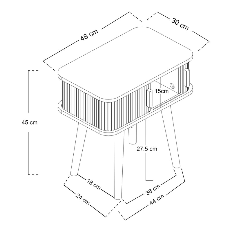Croquis coté Table d'appoint Nordkapp avec portes coulissantes MDF bambou bois 48 x 30 x 45 cm naturel [en.casa]