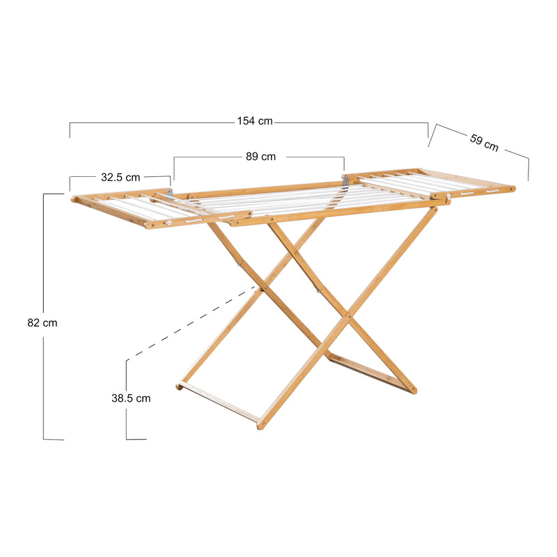 Croquis coté Étendoir à linge Fakala bambou 154 x 59 x 82 cm naturel blanc [en.casa]