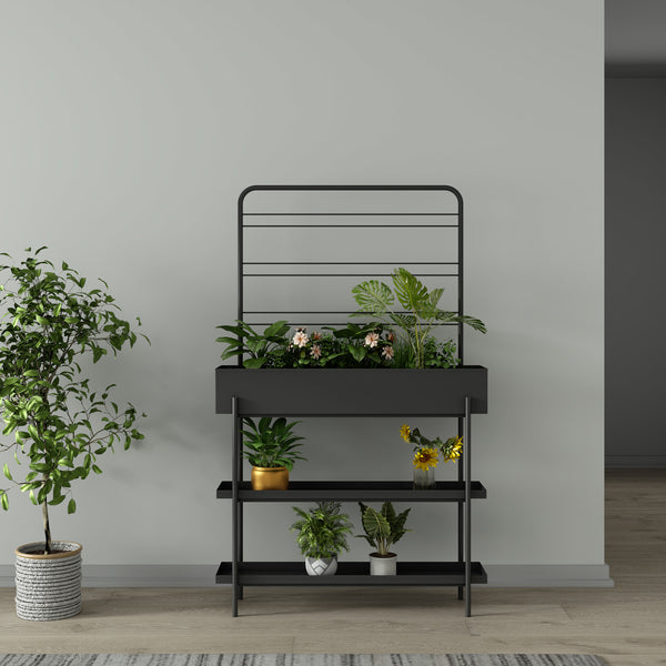 Porte-plantes surélevé Jaalsmeer avec étagère 154 x 96 x 24 cm noir casa.pro