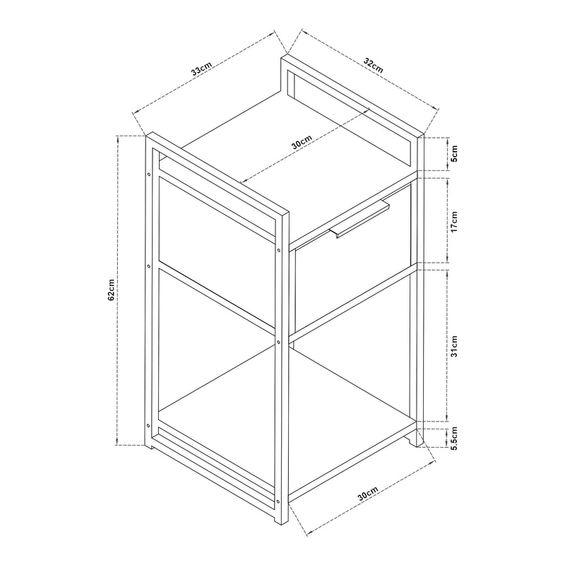 Croquis coté Table d'appoint Namsskogan panneau de particules métal 62 x 33 x 32 cm effet noyer noir [en.casa]