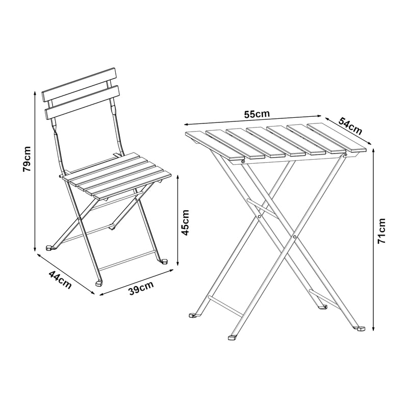 Croquis coté Set de bistrot 3 pièces Bovino acier bois d'acacia noir naturel casa.pro