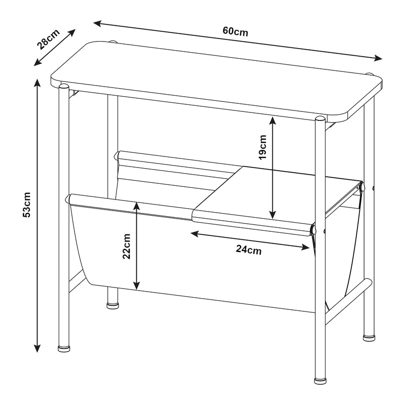 Croquis coté Table d'appoint Samnanger avec porte-revues 60 x 28 x 53 cm noir gris [en.casa]