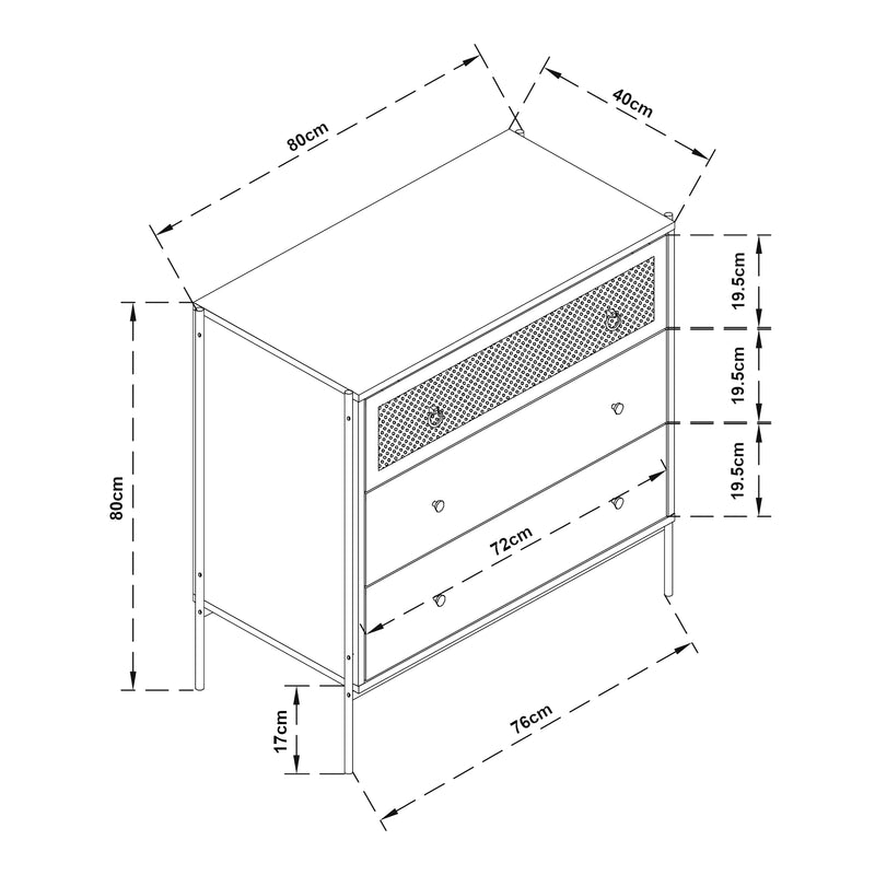 Croquis coté Commode Tysnes 80 x 80 x 40 cm effet chêne noir [en.casa]