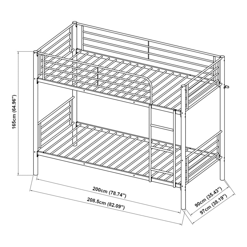 Croquis coté Lit superposé Soppsar acier 209 x 97 x 165 cm argent [en.casa]
