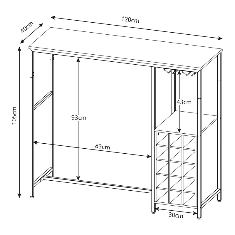 Croquis coté Table de bar Trøndelag 120 x 40 x 105 cm noir effet noyer [en.casa]