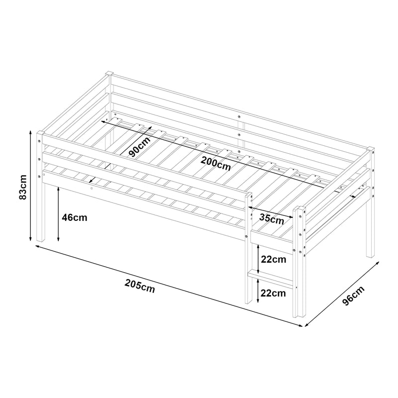 Schizzo in scala Letto per Cameretta Siikalatva in Legno di Pino con Materasso 90x200 cm Bianco [en.casa] 