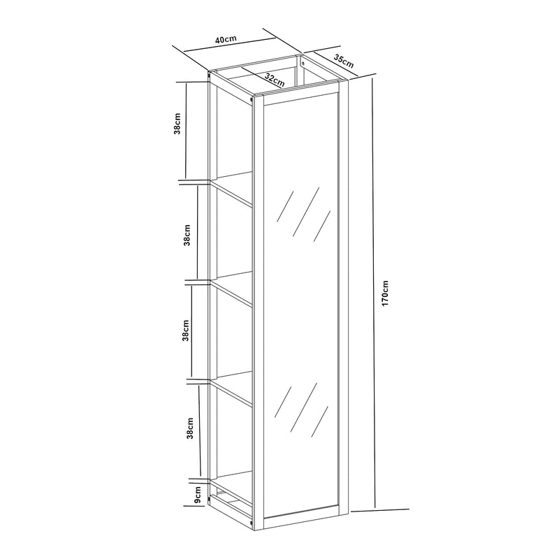 Schizzo in scala Scaffale da Terra AS con Specchio Frontale a Figura Intera 170x40x35 cm Naturale/Bianco [en.casa]