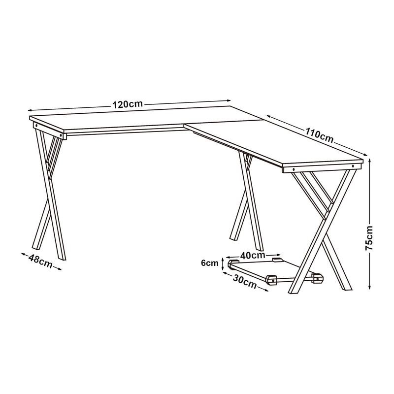 Croquis coté Bureau Tarielarg 158 x 120 x 75 cm blanc effet chêne [en.casa]