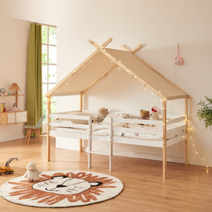 Lit cabane Surnadal bois de pin 90 x 200 cm blanc naturel beige [en.casa]