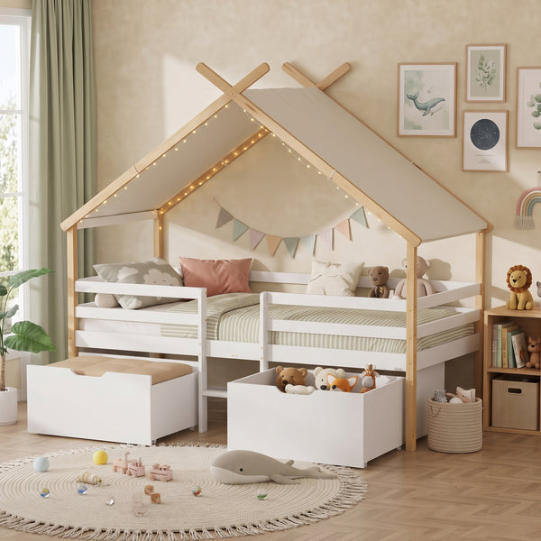 Letto Casetta per Bambini Surnadal 90x200 cm in Legno di Pino con Cassetti e Sbarre [en.casa] 