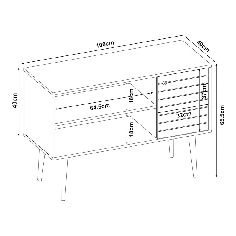 Schizzo in scala Mobile TV Vare con Anta e Vani Aperti 100 x 40 x 66 cm - Bianco/Giallo [en.casa]