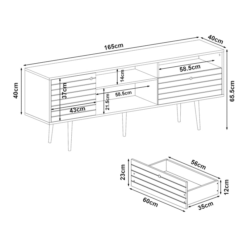 Croquis coté Meuble TV Vare 165 x 40 x 66 cm blanc effet noyer [en.casa]