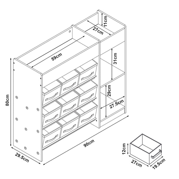 Scaffale Farusa per Cameretta con Scomparti e 9 Scatole Pieghevoli 80 x 90 x 30 cm - Design Aqua Dream [en.casa]