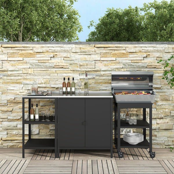 Set Bolognano Mobili da Esterno in Acciaio - Bancone Armadietto e Carrello Portavivande - Nero opaco casa.pro