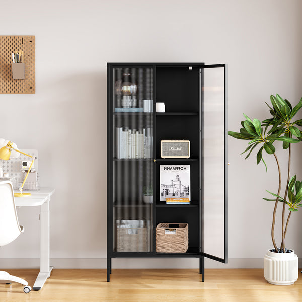 Mobile Vetrina Vinterhavn con Ante in Vetro e Ripiani 180 x 80 x 35 cm - Nero [en.casa]