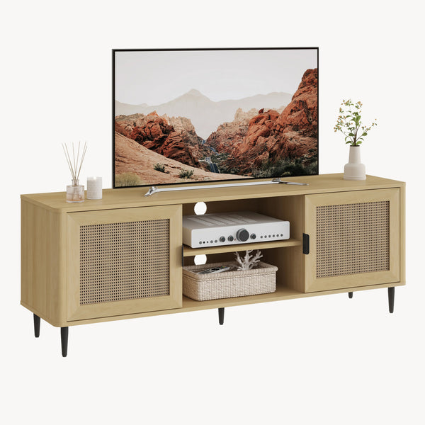 Meuble TV Lukhomso 152 x 40 x 54 cm effet chêne/ rotin [en.casa] 