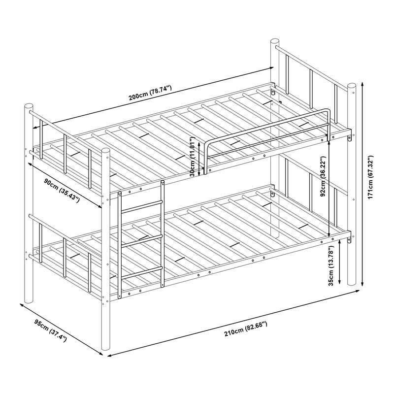 Croquis coté Lit superposé en métal Berimma avec 2 matelas 90 x 200 cm noir [en.casa] 