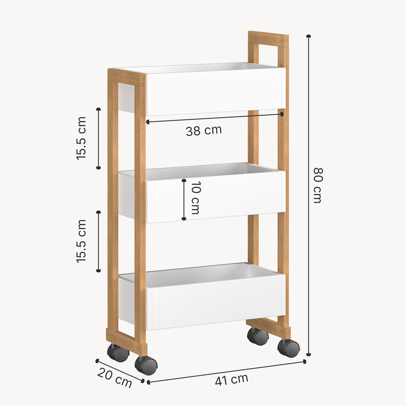 Schizzo in scala Carrello Portaoggetti Varulta Scaffale con Rotelle e 3 Scomparti 80 x 41 x 20 cm - Naturale / Bianco [en.casa]