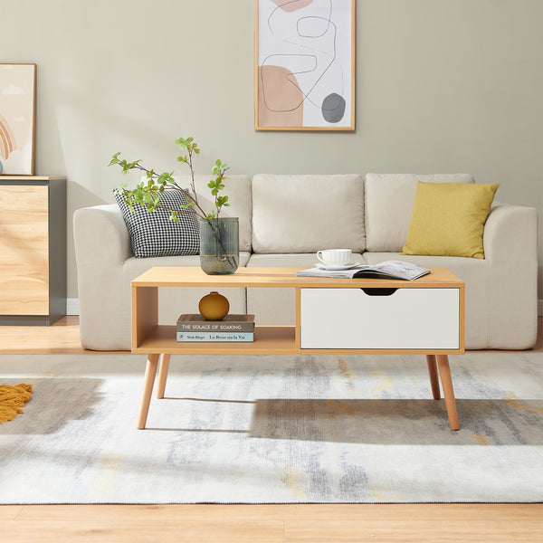 Table basse Bordkak avec tiroir 100 x 48 x 45 cm effet chêne blanc [en.casa]