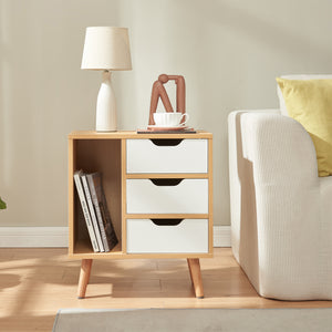 Comodino Bordkak con 3 Cassetti e Scomparto Aperto 55 x 48 x 30 cm - Effetto Rovere / Bianco [en.casa]