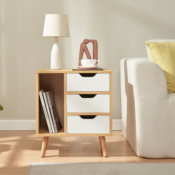 Comodino Bordkak con 3 Cassetti e Scomparto Aperto 55 x 48 x 30 cm - Effetto Rovere / Bianco [en.casa]