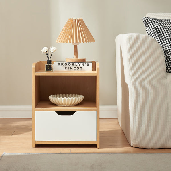 Comodino Bordkak con Cassetto e Scomparto Aperto 45 x 36 x 34 cm - Effetto Rovere / Bianco [en.casa]