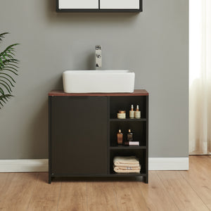 Mobile Sottolavabo Trond con Anta e 3 Vani Aperti 60 x 66 x 30 cm - Nero / Effetto Noce [en.casa]