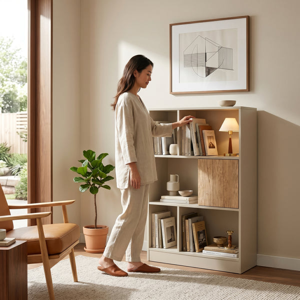 Libreria Karena 112x70x30 cm Bianco crema/effetto quercia [en.casa]