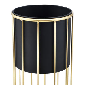 Set di 2 Portavasi in Metallo Supporto per Piante in 2 Misure Diverse con Coprivaso Nero e Base di Forma Rotonda in Color Oro 